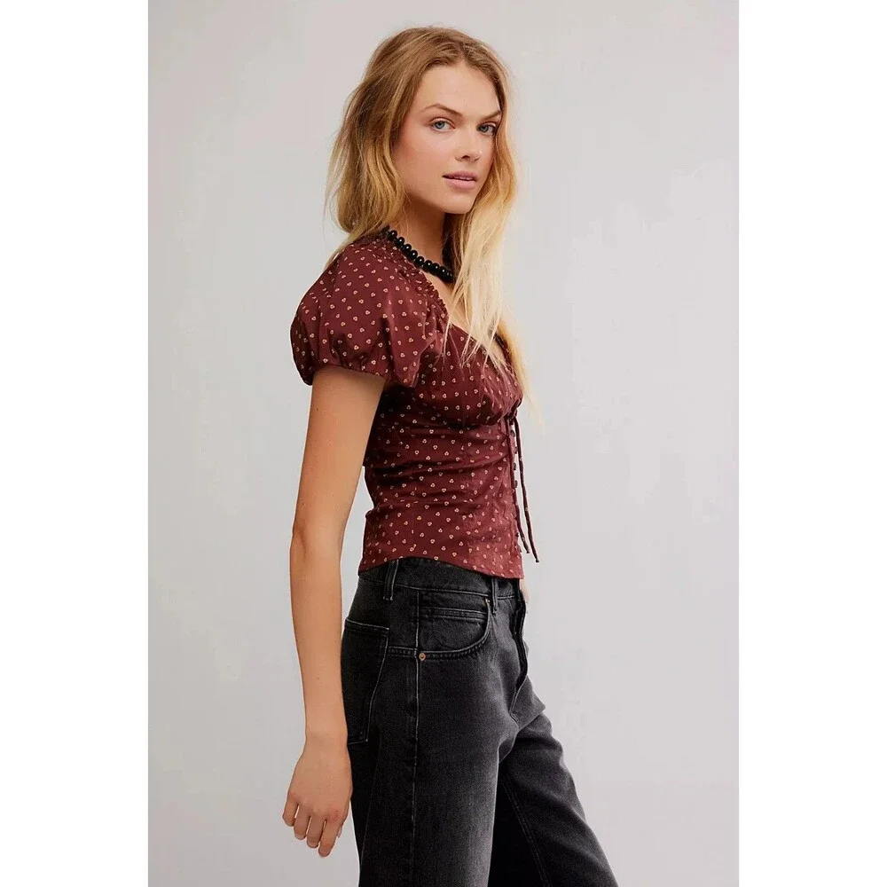 Free People Puff Sleeve Printed Blouse Top Buttondown Floral Ruffle S 289177